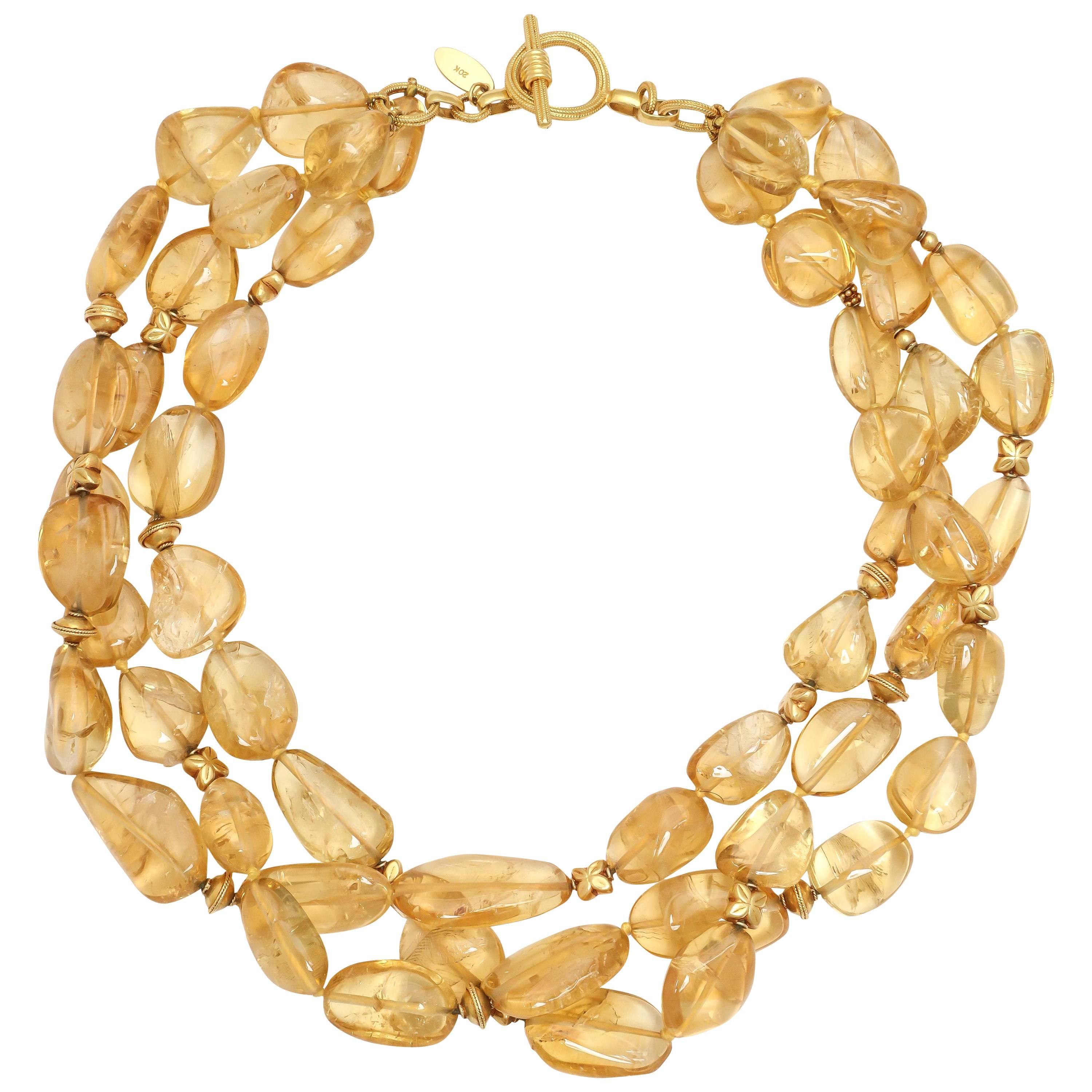 Pat Saling Triple Strand Citrine Gold Bead Necklace For Sale