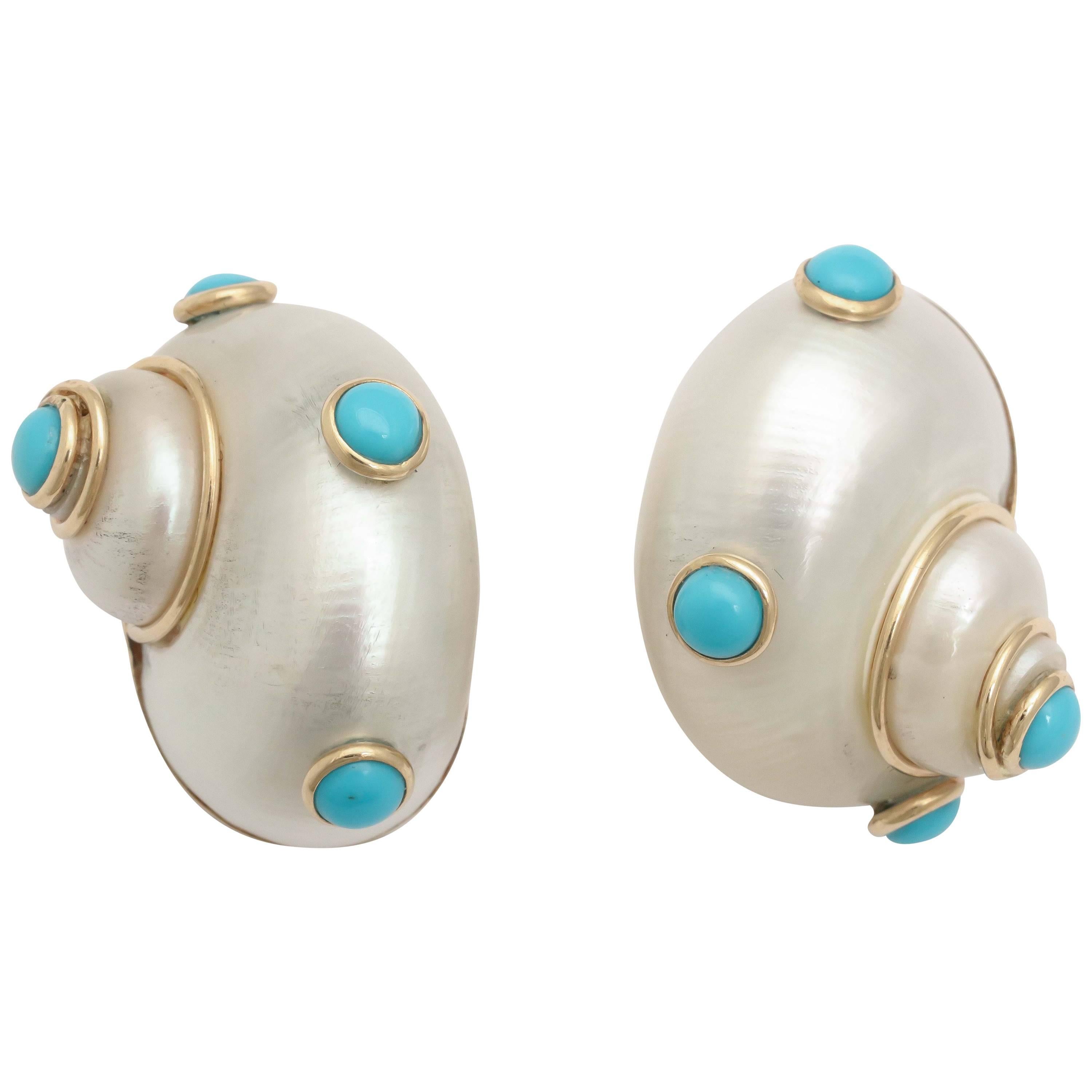 Maz Turquoise Gold Studded Shell Earrings