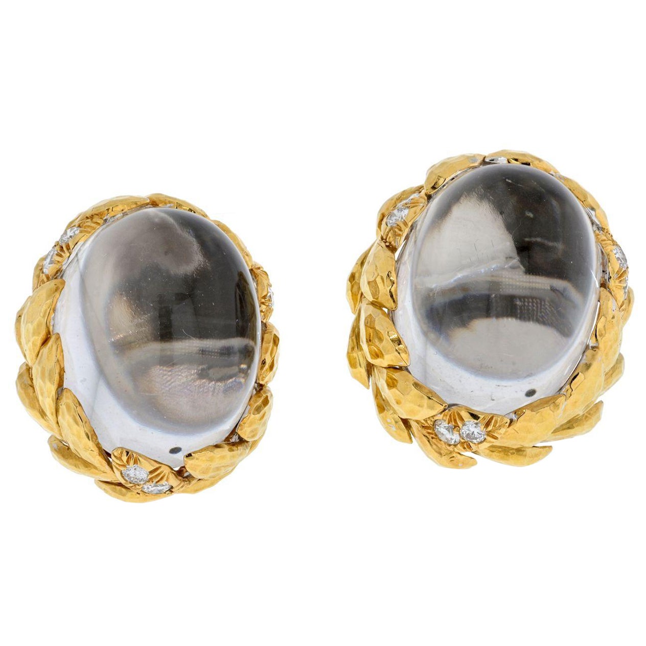 David Webb Platinum & 18K Yellow Gold Domed Rock Crystal Diamond Earrings For Sale