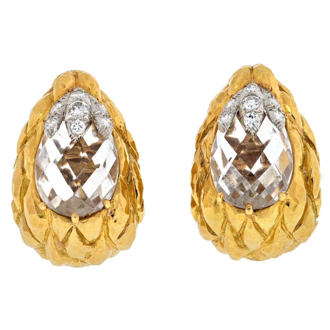 David Webb Platinum & 18k Yellow Gold Rock Crystal Carved Clip on Earrings For Sale