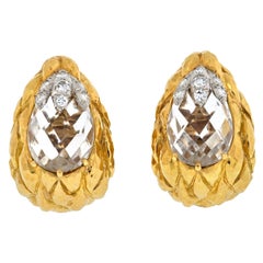 David Webb Platinum & 18k Yellow Gold Rock Crystal Carved Clip on Earrings