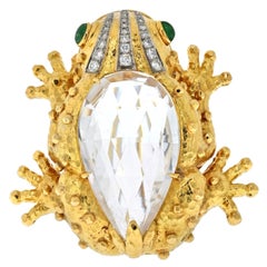 David Webb Platinum & 18K Yellow Gold Rock Crystal Diamond Frog Brooch