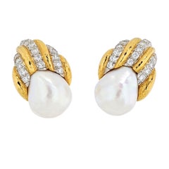 David Webb Platinum & 18K Yellow Gold Diamond and Pearl Clip Earrings