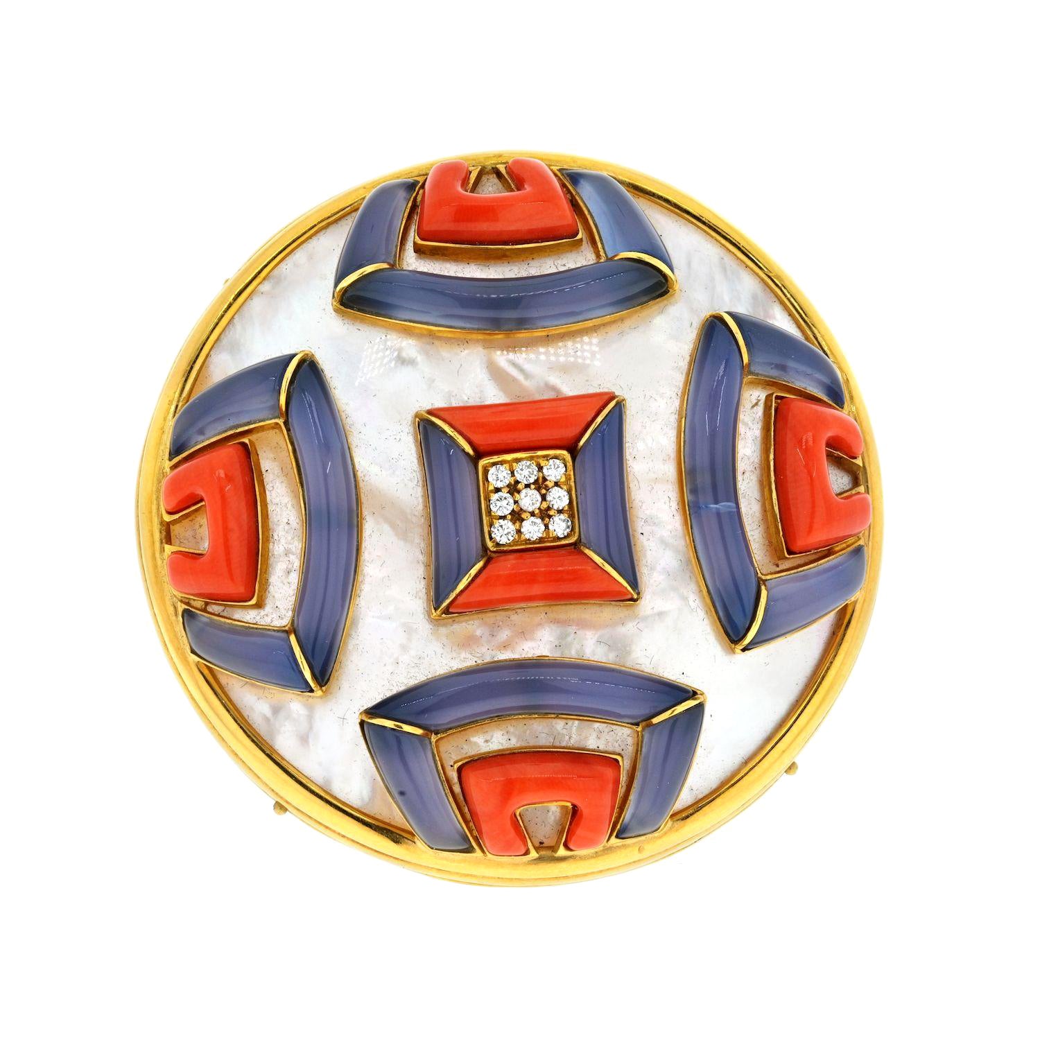 Geometrical 18K Yellow Gold Mother of Pearl, Chalcedony and Coral Round Brooch For Sale