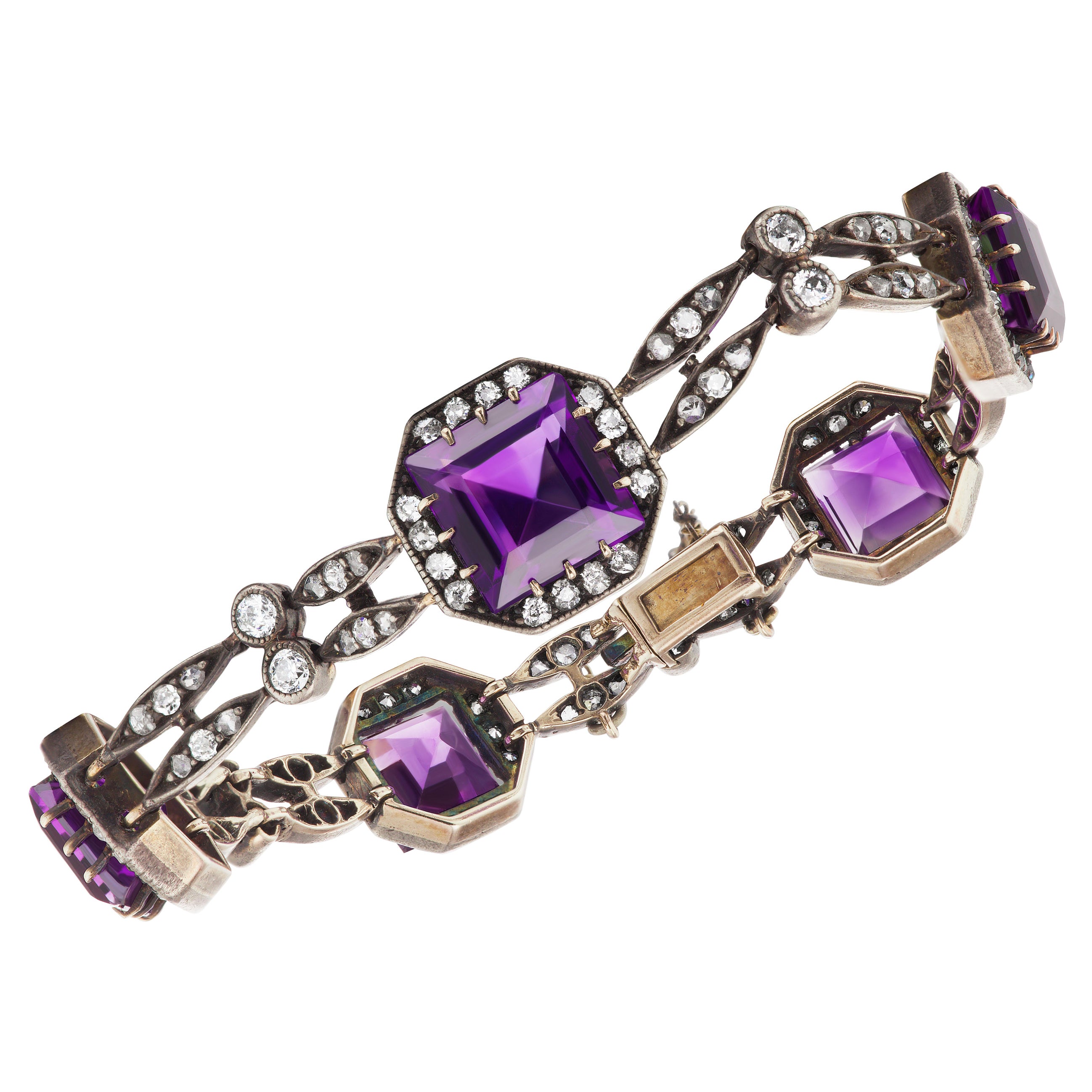 Antique Carré-Cut Amethyst and Silver and Diamond Bracelet For Sale
