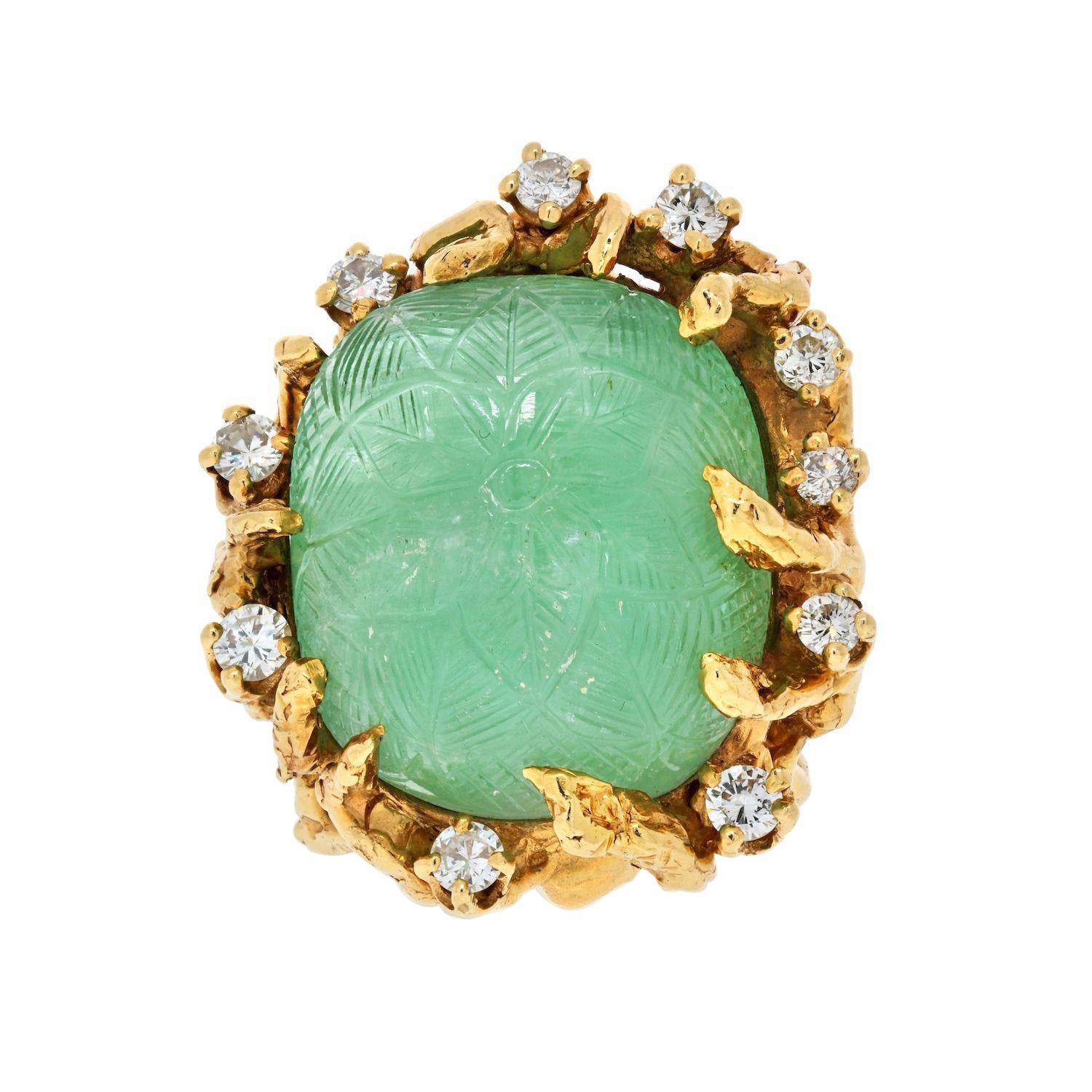 Arthur King 14K Yellow Gold Large Carved Emerald Diamond Ring