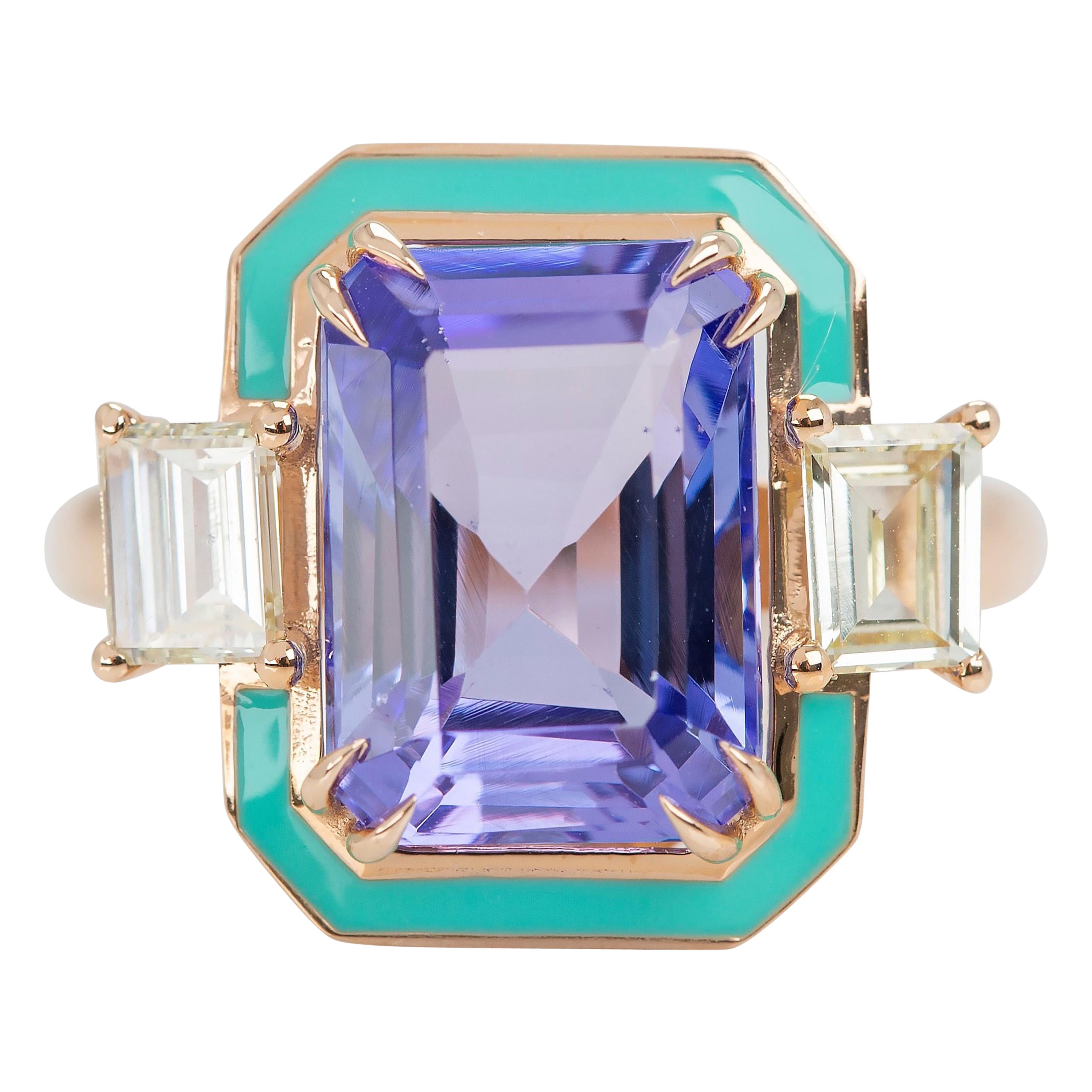 Art Deco Style 5.50 Ct Tanzanite and 0.93 Ct Diamond 14K Gold Cocktail Ring