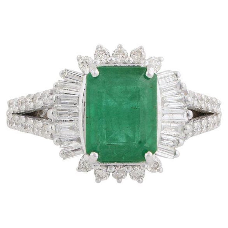2.09 Carat Emerald Baguette Diamond 10 Karat White Gold Ring For Sale