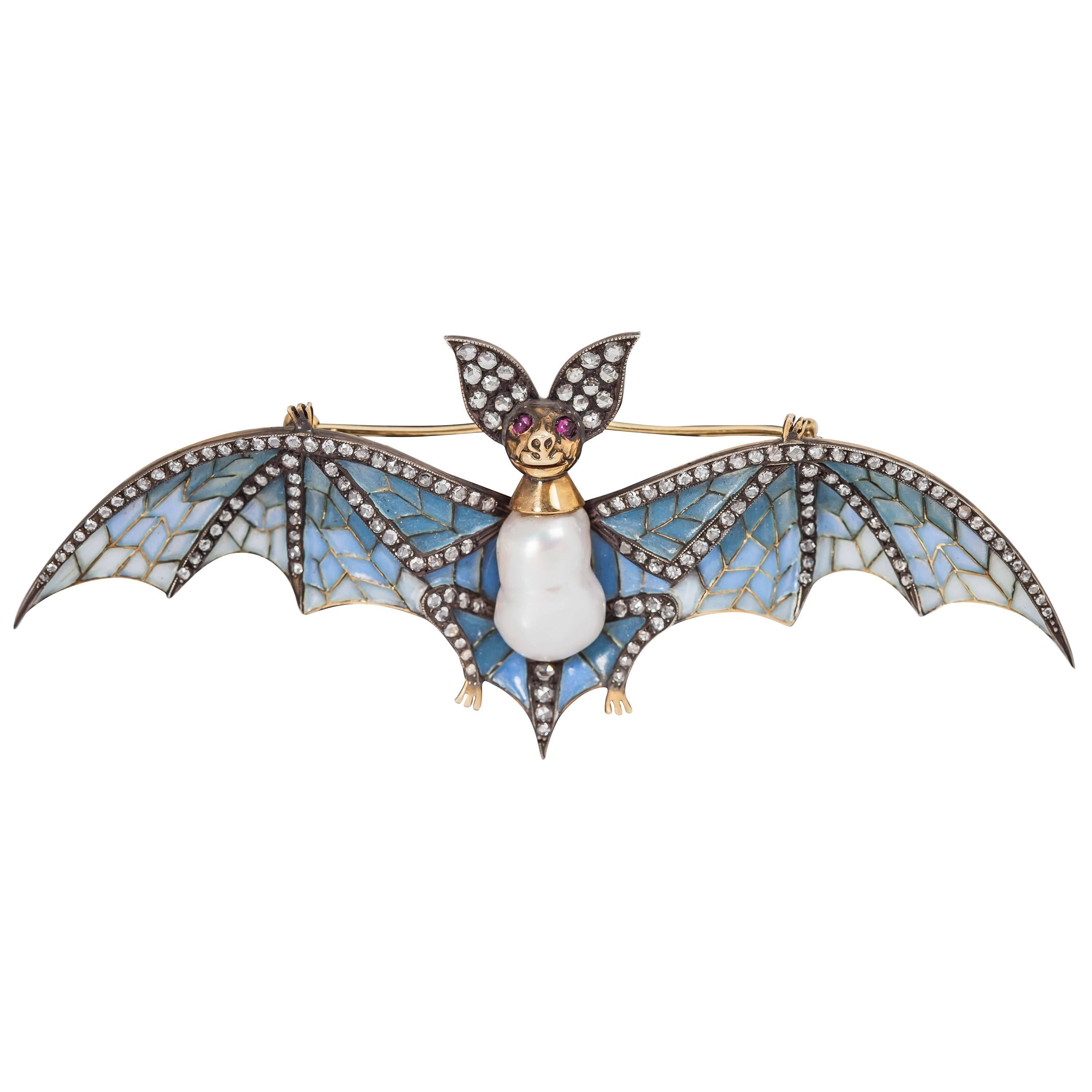 Plique a Jour Pearl Ruby Diamond Silver Gold Bat Pin