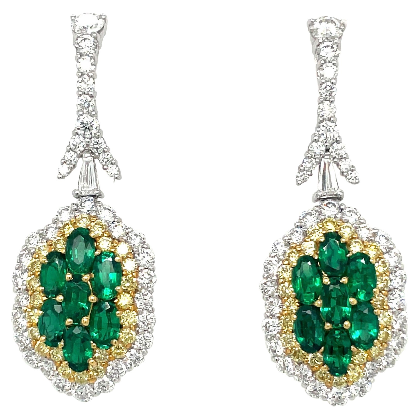 Plat/18KT YG 3.00Ct Emerald Earrings with 2.66Ct Diamonds 1.07Ct Yellow Diamonds For Sale
