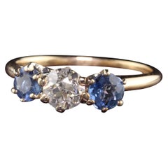 Antique Victorian 14K Yellow Gold Old European Diamond Sapphire Three Stone Ring