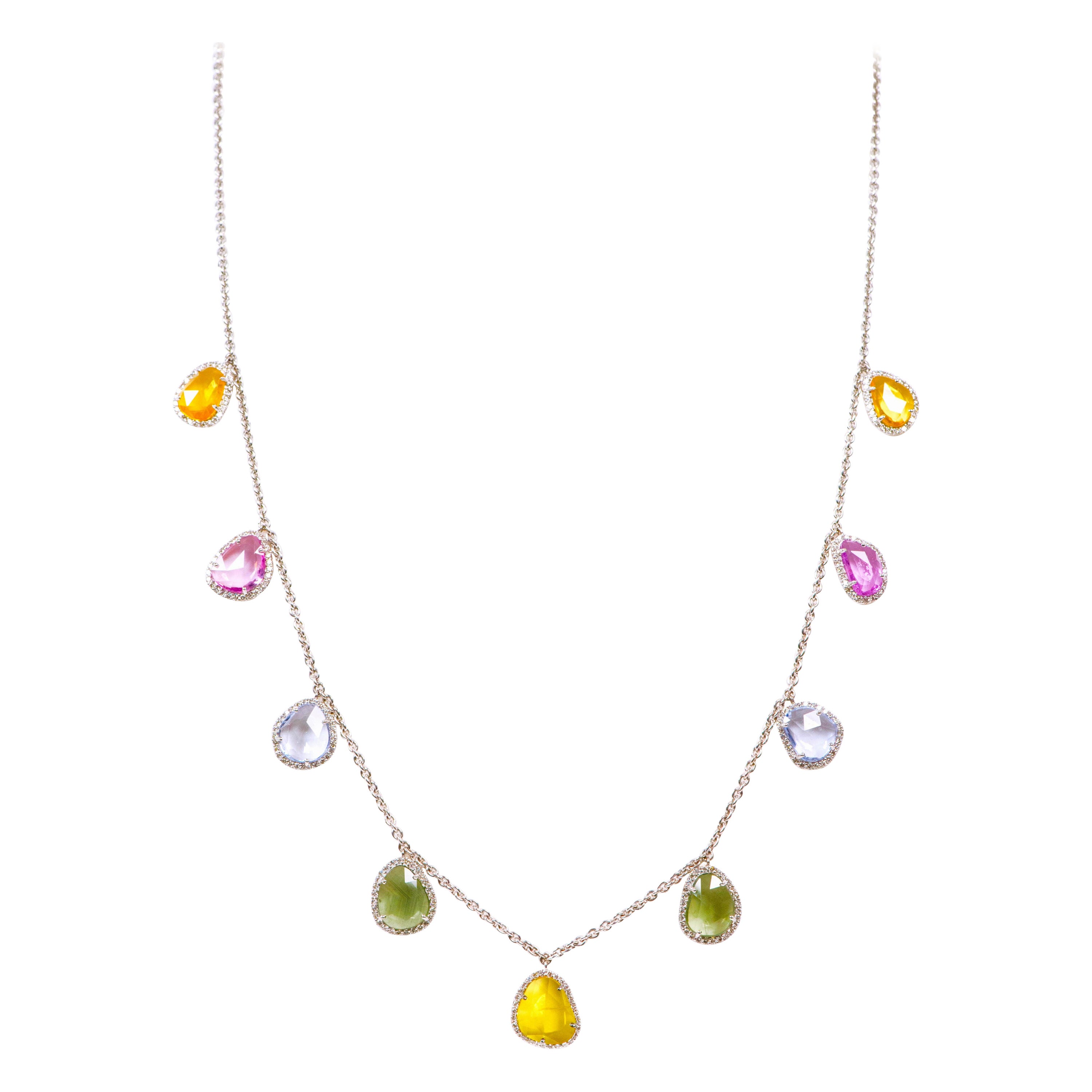 18 Karat Gold 14.86 Carat Multi-Color Sapphire and Diamond Drop Link Necklace