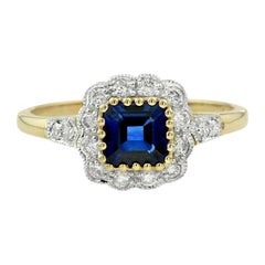 Natural Sapphire with Diamond Vintage Halo Ring in 18K Yellow Gold