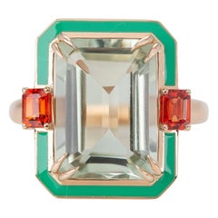 Retro Art Deco Style 6.20 Ct Green Amethyst and Sapphire 14K Gold Cocktail Ring