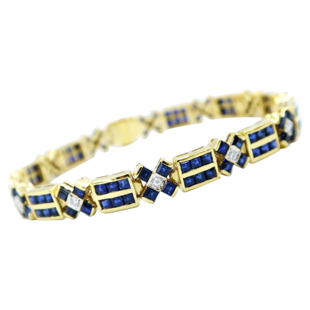 Alternating Parallel Cross Stitch Square Baguette Sapphire Diamond Gold Bracelet For Sale