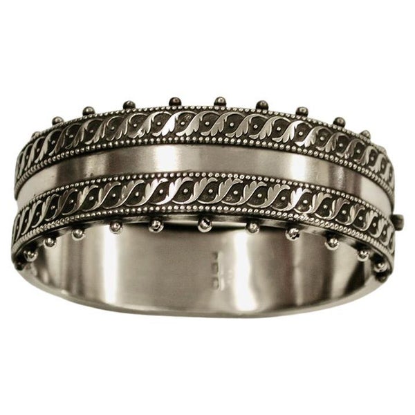 Antique Victorian Silver Bangle with Etruscian Style Banding, Side Beadwork 1885