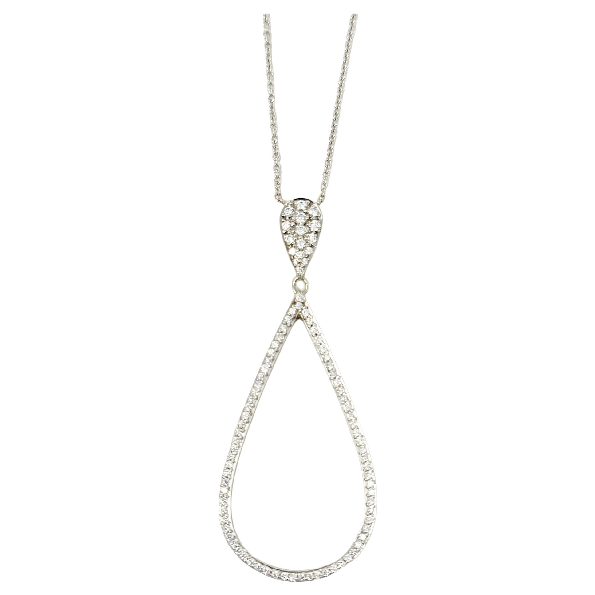 .95 Carat Total Pave Diamond Open Teardrop Pendant Necklace 14 Karat White Gold For Sale