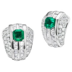 Square Emerald and Diamond Scalloped Earclips in 18K Gold