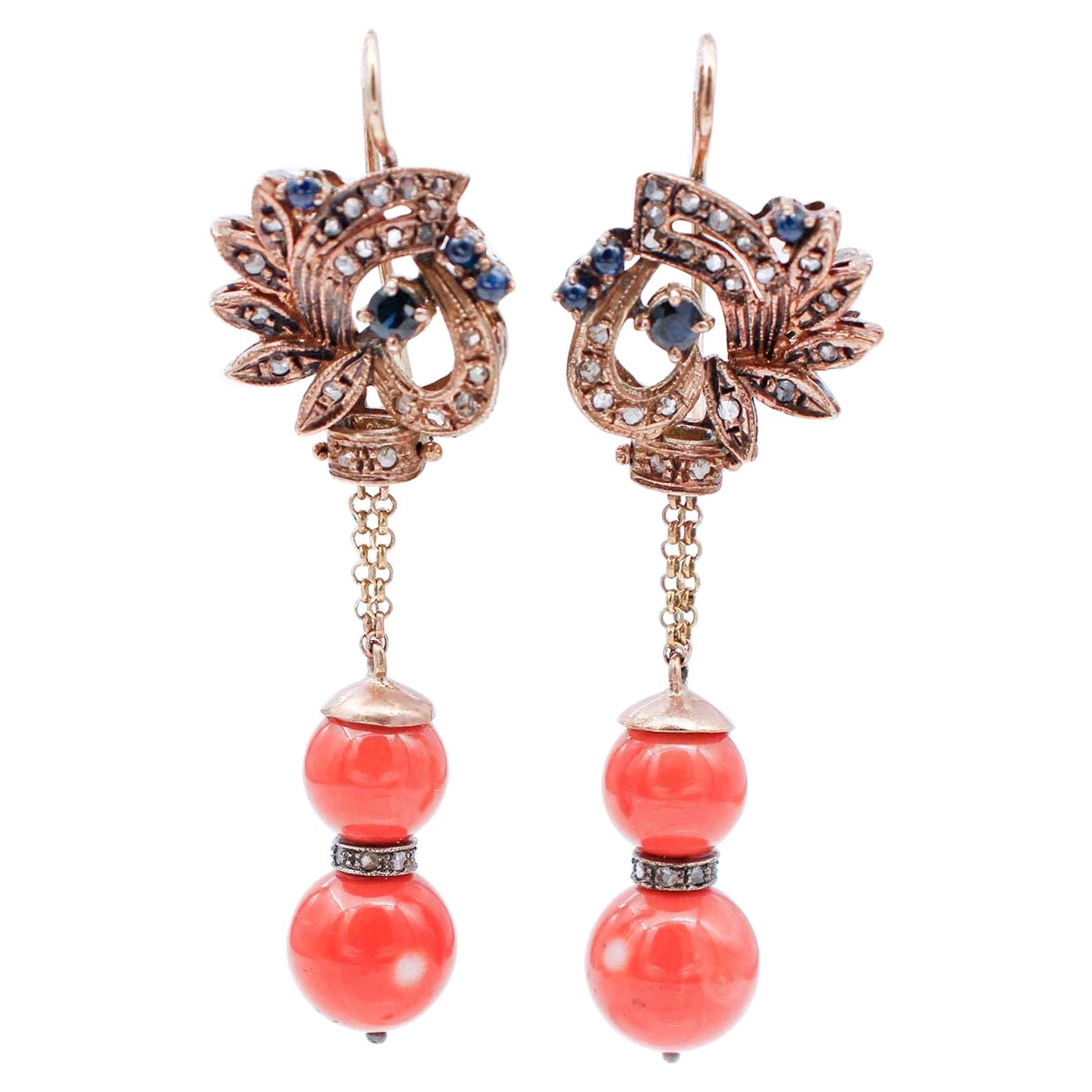Coral, Sapphires, Diamonds, 9 Karat Rose Gold and Silver Dangle Earrings For Sale
