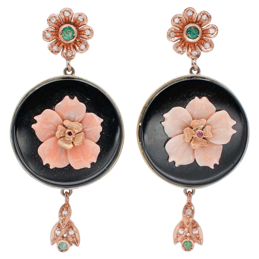 Coral, Emeralds, Diamonds, Rubies, Onyx, 9 Karat Rose Gold and Silver Earrings For Sale