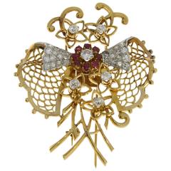 Attractive Ruby Diamond Gold Brooch 12