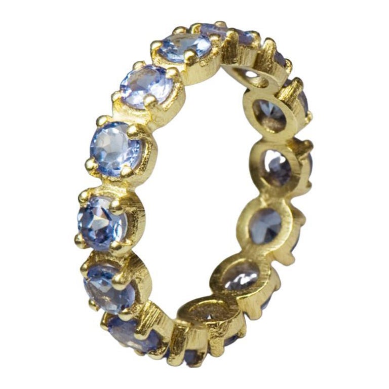 Tanzanite Yellow Gold Eternity Ring Purple Blue Classic Round Cut Natural Stones For Sale
