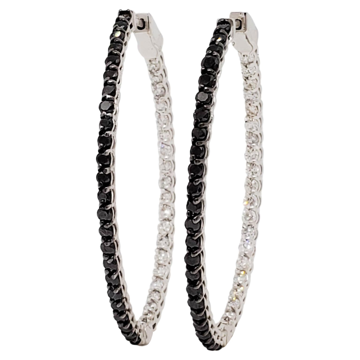  Black and White Diamond Oval Shape Hoops in 14k White Gold