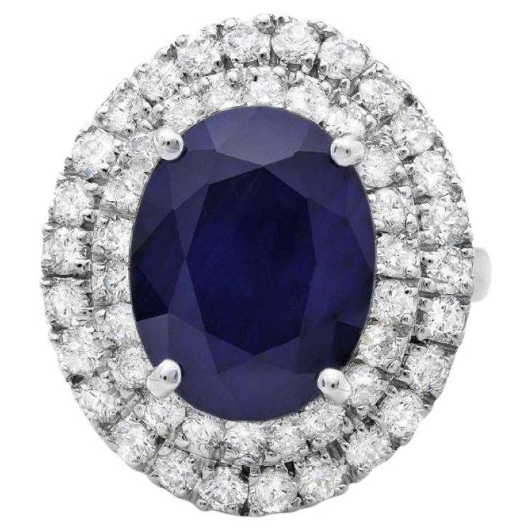 9.40 Carats Natural Blue Sapphire and Diamond 14K Solid White Gold Ring For Sale