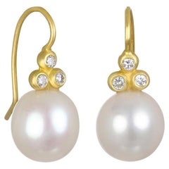 Faye Kim 18K Gold White Fresh Water Pearl Drop Earrings with Triple Diamonds