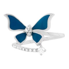 Dark Blue Enamel Diamond Butterfly Wrap Ring 14K White Gold Modern Fashion