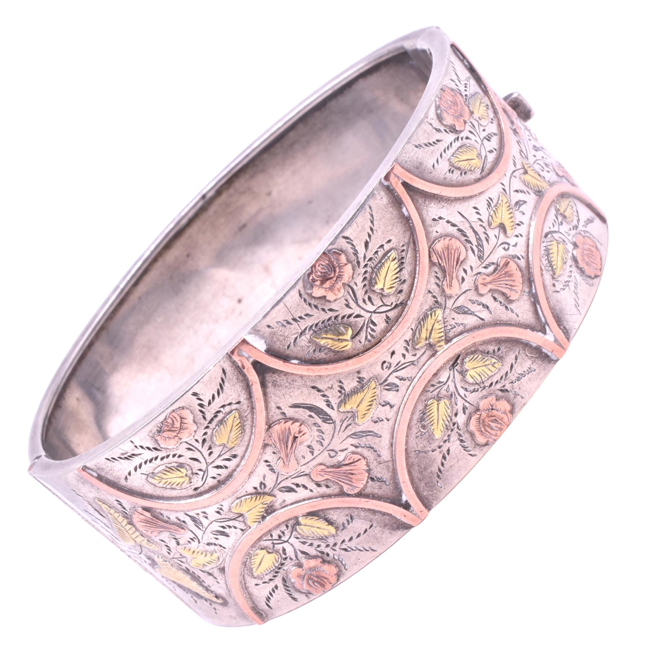 Victorian 2 Color Gold Bangle Bracelet of Carved Leaves Lilies and Roses For Sale