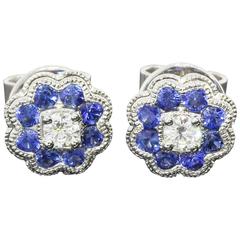 Blue Sapphire Diamond Gold Halo Earrings 1