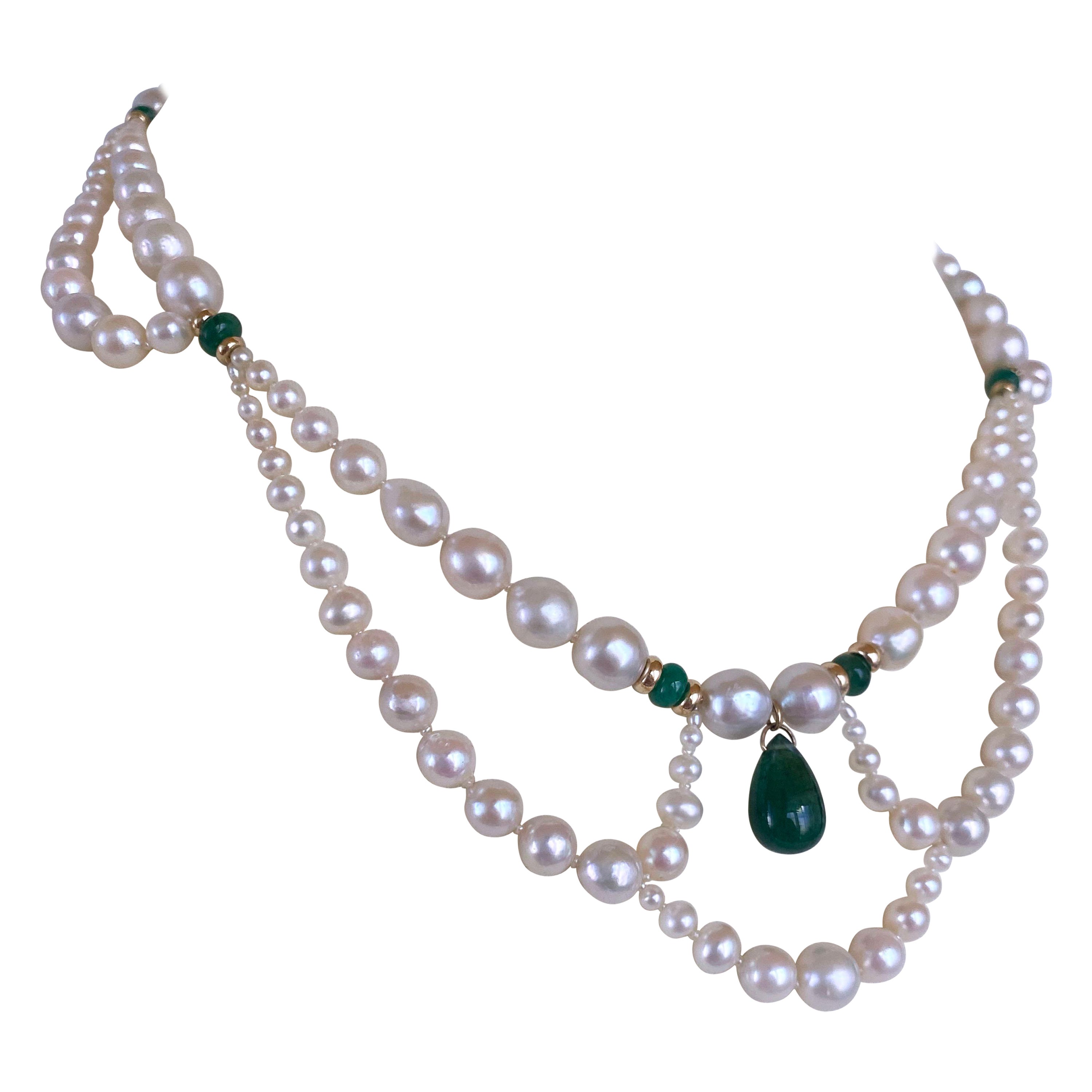 Marina J. Graduated & Draped Pearl, Emerald Necklace with 14K Yellow Gold