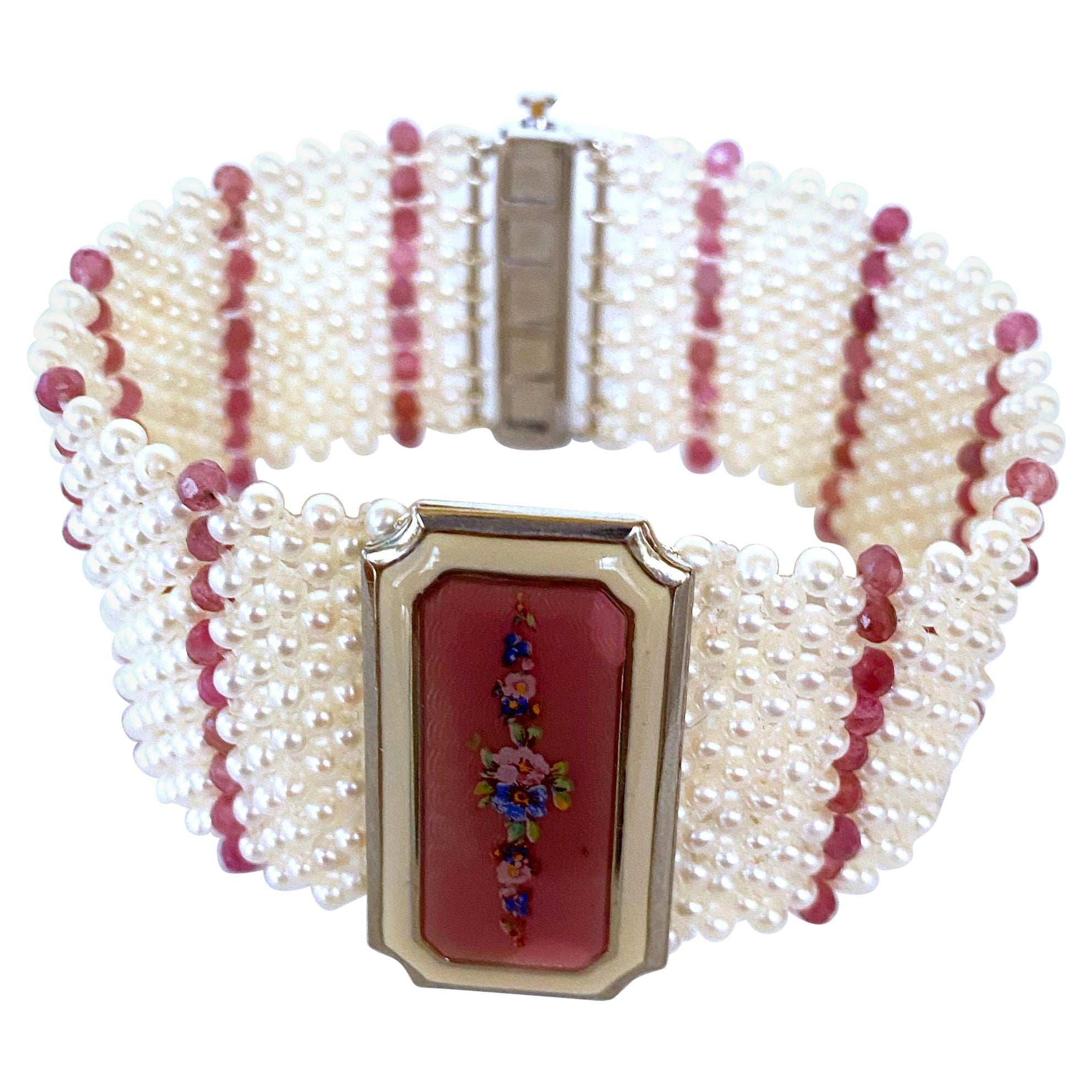 Marina J Pearl & Pink Tourmaline Bracelet with 1940 Vintage Enameled Centerpiece