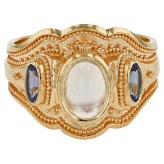 Kent Raible 18 Karat Three Stone Ring with Moonstone, Tanzanite and Granulation