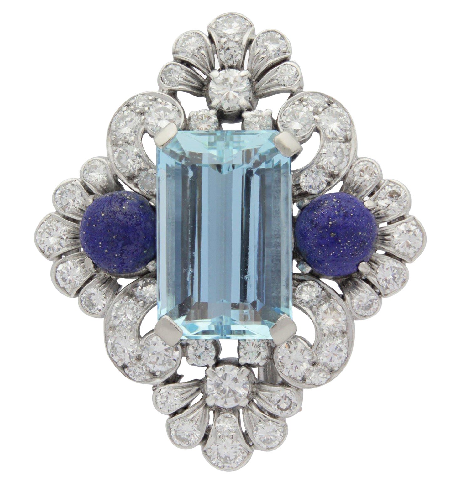 Lapis, Aquamarine and Diamond Brooch Pin For Sale