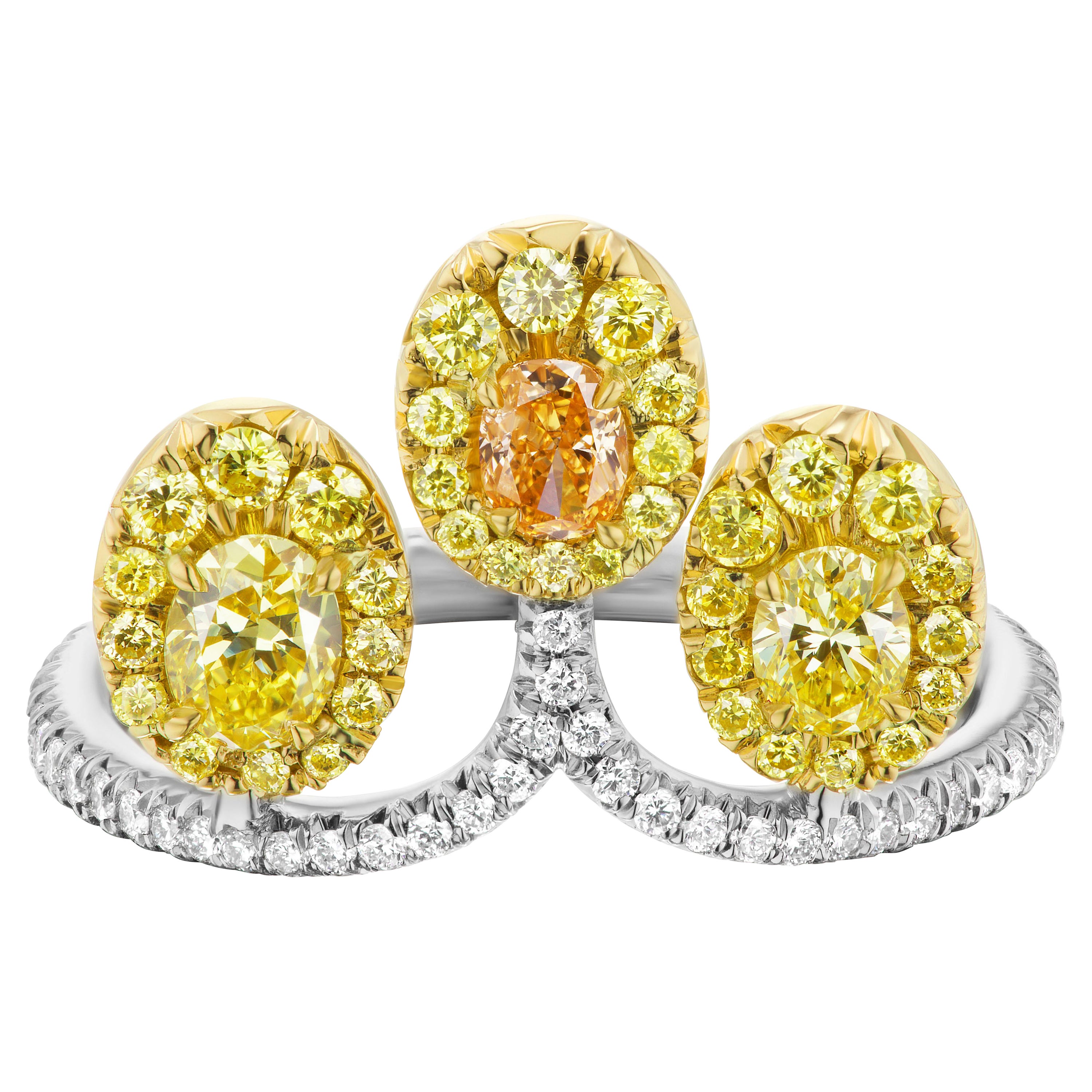 Oval Orange Diamond Accented by Yellow Oval Diamond Handmade Cocktail Ring For Sale