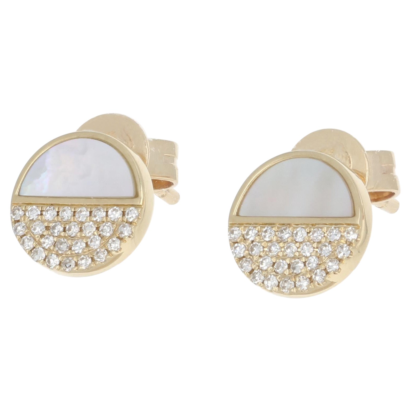 New Mother of Pearl & Diamond Circle Earrings, 14k Gold Pierced Studs .12ctw For Sale