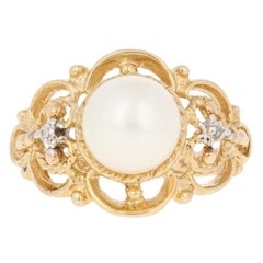 New Pearl Ring, 10k Yellow Gold w/ Diamond Accents