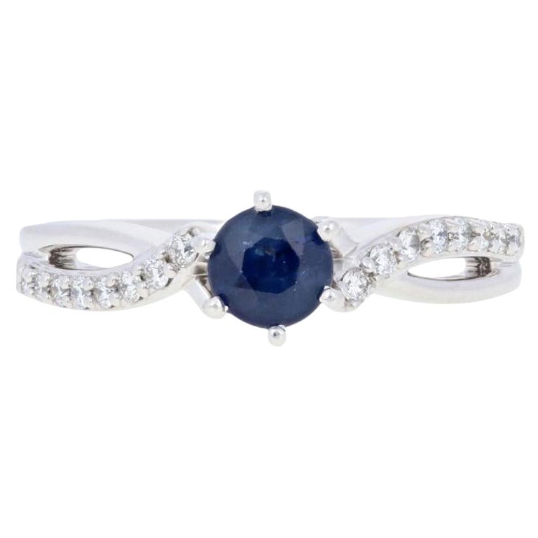 1.13ctw Round Cut Sapphire & Diamond Ring, 14k White Gold Engagement For Sale