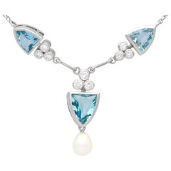 Retro 1982 3.50Ct Aquamarine Diamond Pearl Platinum Pendant