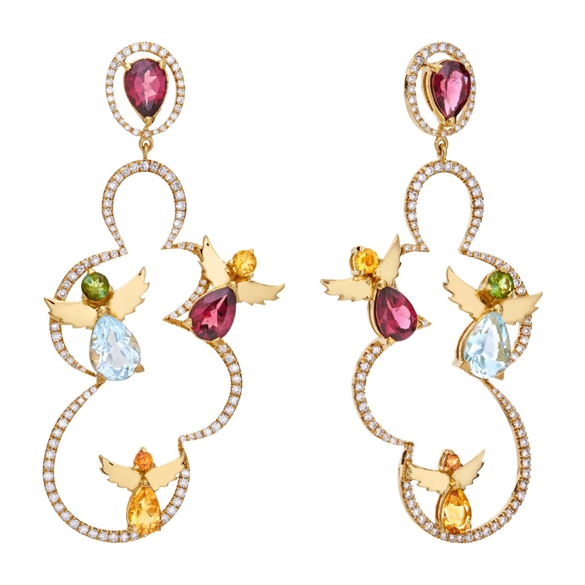 Angel's Clouds Earrings in 18kt Yellow Gold with Diamonds & Semi-Precious Stones For Sale