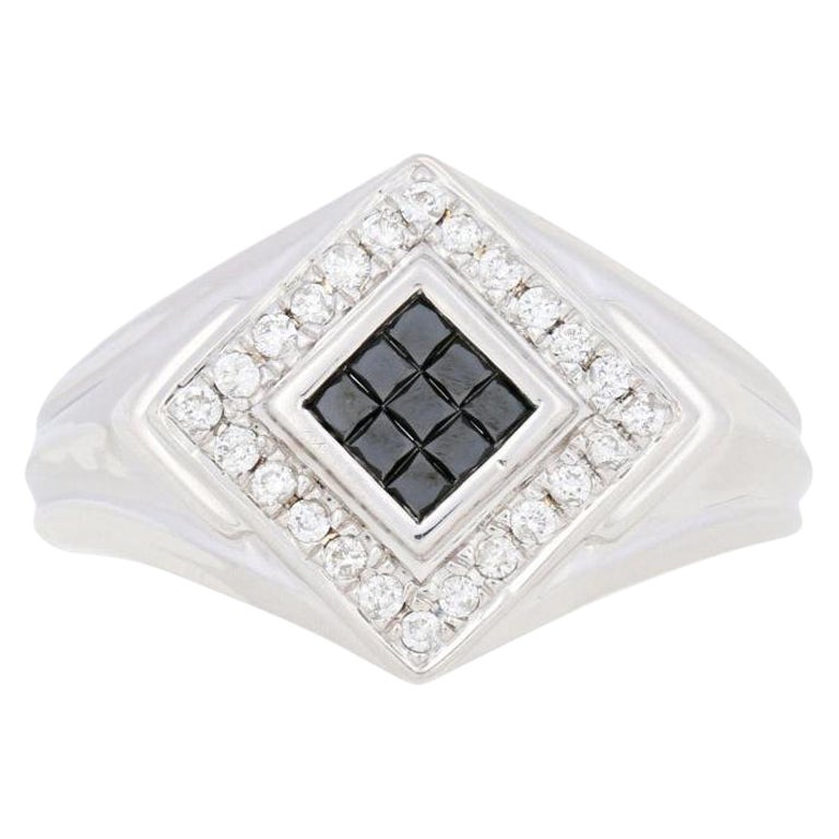 New .50ctw Princess Cut Composite Diamond Ring, Silver Black & White Halo For Sale