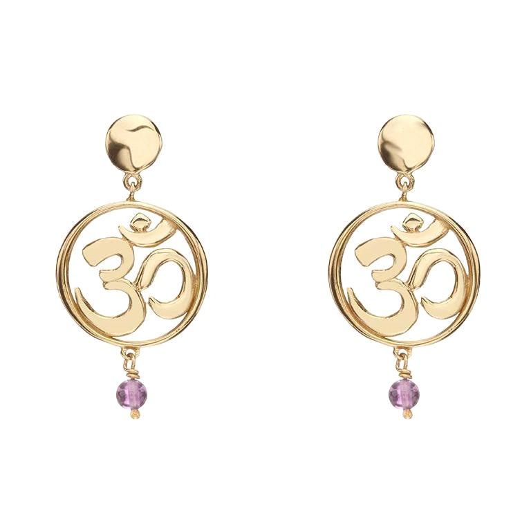Handcrafted Drop Earrings with Om Yoga Symbol in 14Kt Gold Gift for Her For Sale