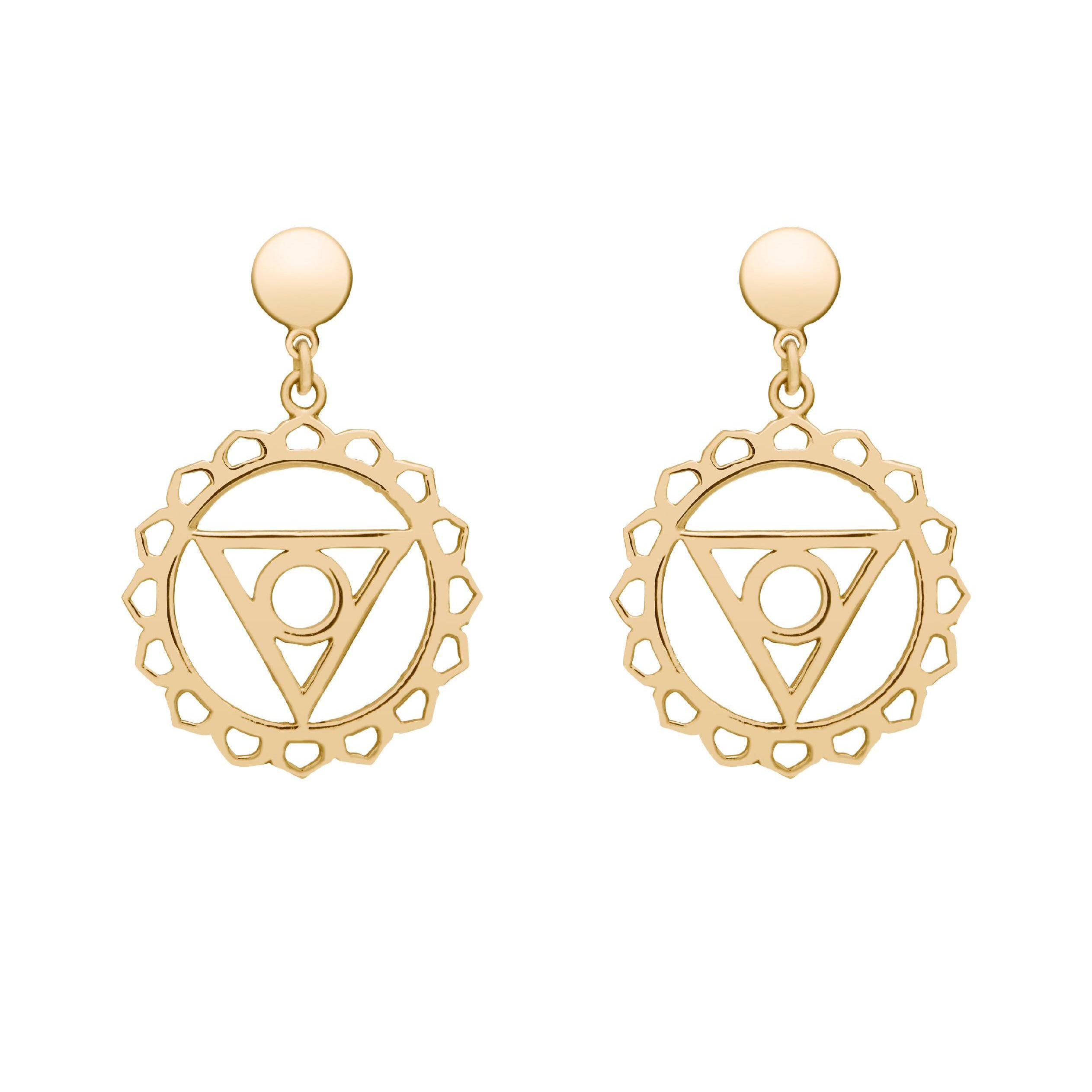 Handcrafted Drop Earrings with Vissuddha Throat Chakra in 14Kt Gold Gift for Her For Sale