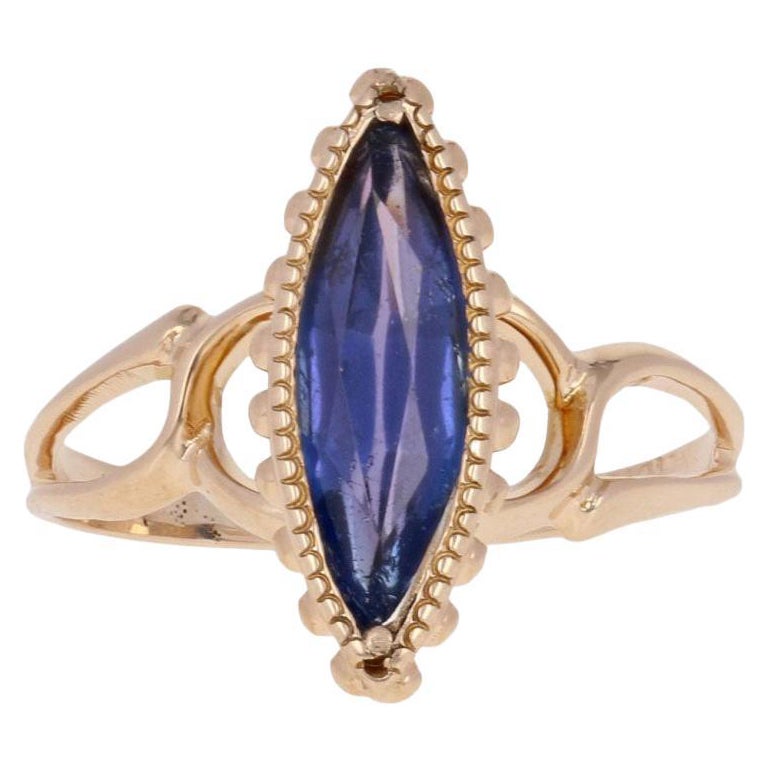 Simulated Sapphire Vintage Ring, 10k Yellow Gold Solitaire For Sale