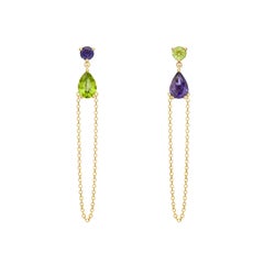 Drop Earrings in 18kt Yellow Gold with Iolite and Peridot with a Hanging Chain