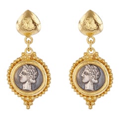 Round Beaded 22kt Gold Earrings in Satin Hammer Finish and Ancient Silver Coin