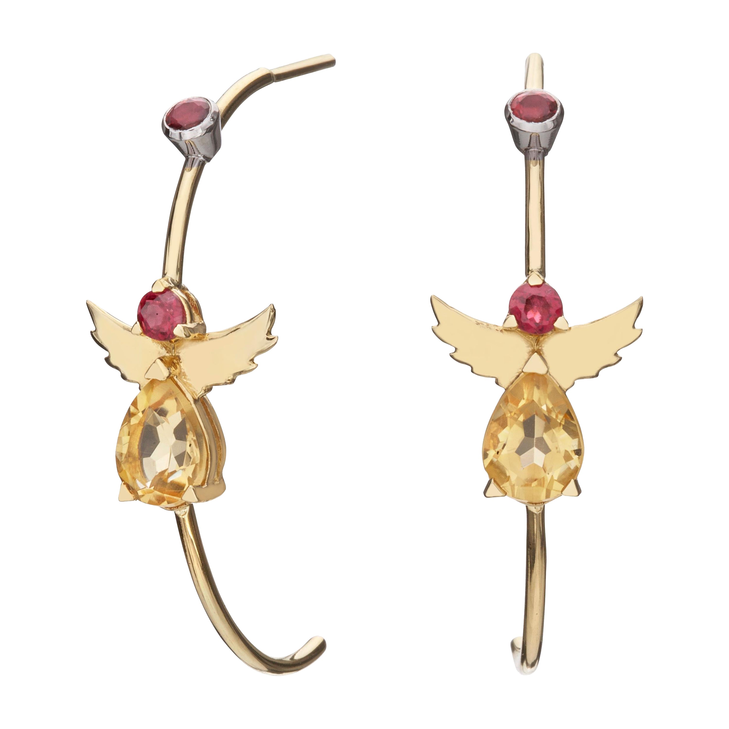 Angel C-Hoop Fine Earrings 18Kt Yellow Gold with Pear Citrine and Red Tourmaline For Sale