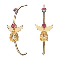 Boucles d'oreilles en forme d'ange C-Hoop en or jaune 18 carats avec citrine poire et tourmaline rouge